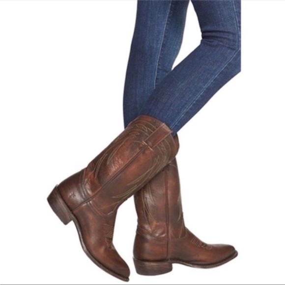 $429 Frye Wyatt Overlay Brown Leather Embroidered Pattern Tall Cute Cowboy Boot - Picture 3 of 16